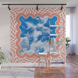 The Blue Sky In Pastel Peachy Wavy Frame On Pastel Peachy Warped Checkerboard Wall Mural