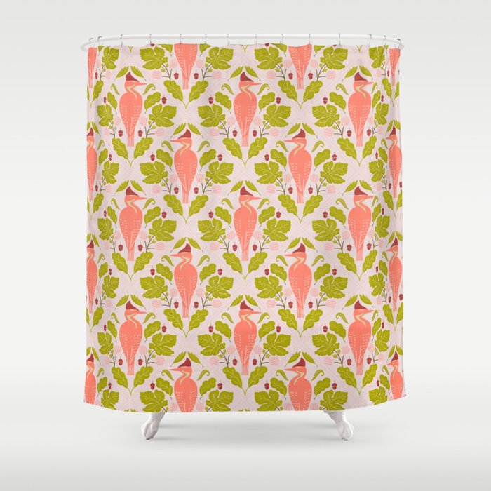 Peach And Pink Woodpecker Shower Curtain