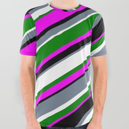 [ Thumbnail: Eyecatching Slate Gray, White, Green, Fuchsia, and Black Colored Striped Pattern All Over Graphic Tee ]