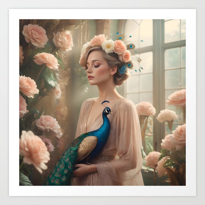 Pastel Blossoms: Girl, Peacock, and Floral Splendor Art Print