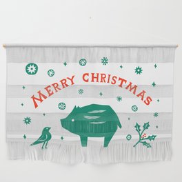 Merry Christmas - Teal and Red - Cute Festive Minimalist Illustration Wall Hanging