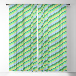[ Thumbnail: Dark Green, Green, Yellow & Light Sky Blue Colored Lined Pattern Sheer Curtain ]
