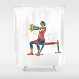 Woman practices gymnastics in watercolor Shower Curtain