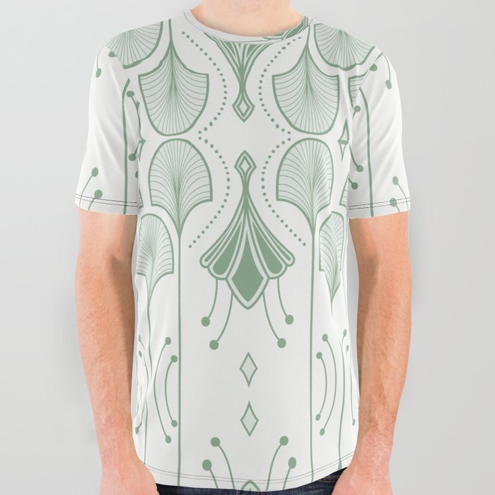 Lily Lake - Retro Floral Pattern Muted Green All Over Graphic Tee