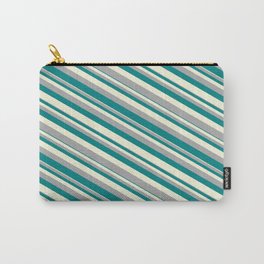 [ Thumbnail: Beige, Dark Gray, and Teal Colored Pattern of Stripes Carry-All Pouch ]
