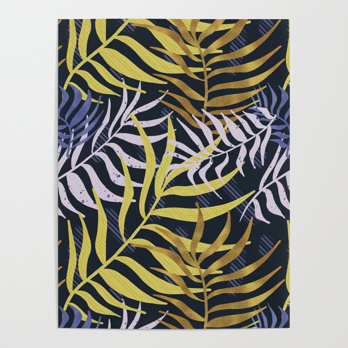 Textured abstract yellow and blue tropical leaves pattern Poster