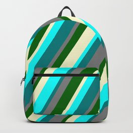[ Thumbnail: Vibrant Gray, Dark Green, Light Yellow, Aqua, and Teal Colored Lines Pattern Backpack ]