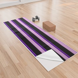 [ Thumbnail: Purple, Indigo, Plum, and Black Colored Lined Pattern Yoga Towel ]