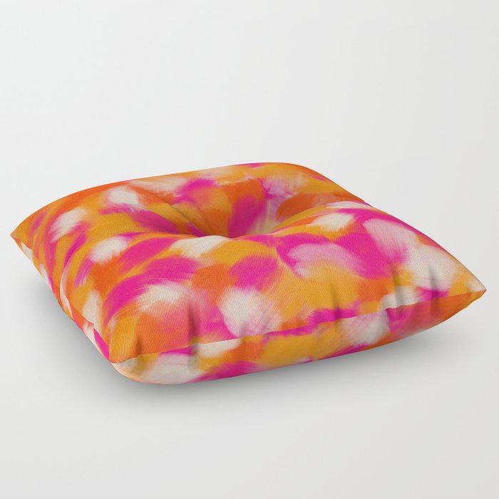 Clementines and Fuchsia Flowers - Paint Brushstrokes Abstract Floor Pillow