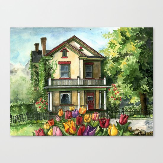 Farmhouse with Spring Tulips Canvas Print