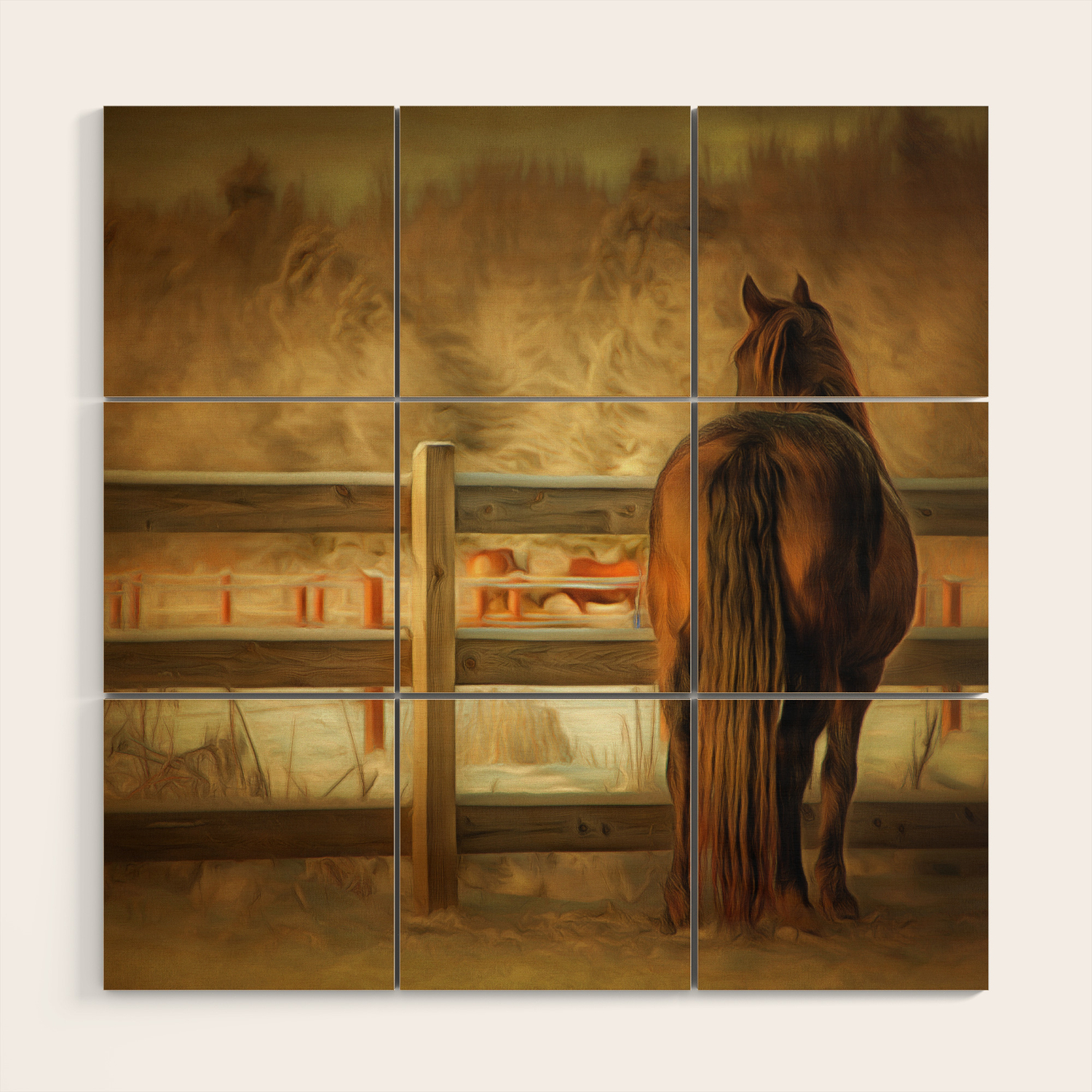 Horse Along A Fence In Snow In Winter Golden Age Painting Style