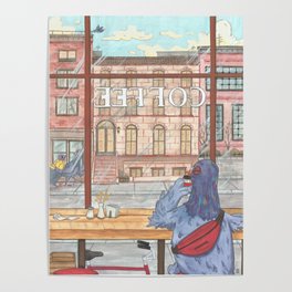 Pigeon coffeeshop - gouache illustration Poster