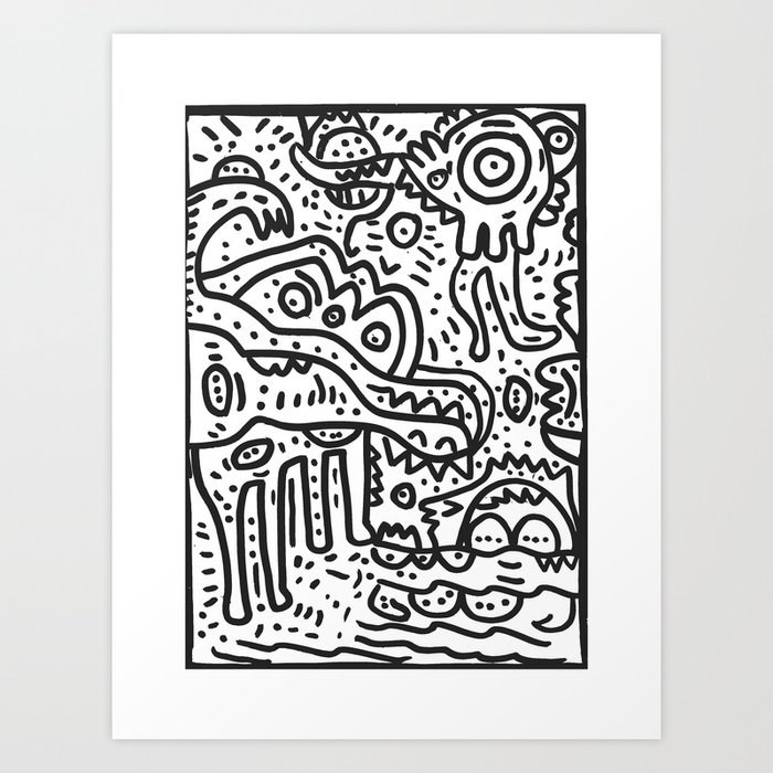 Cool Graffiti Art Doodle Black and White Monsters Scene Art Print