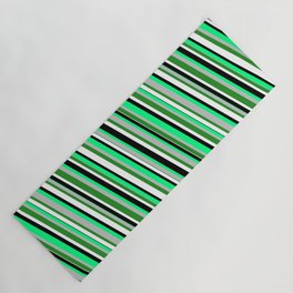 [ Thumbnail: Eye-catching Green, Grey, Forest Green, White, and Black Colored Stripes/Lines Pattern Yoga Mat ]