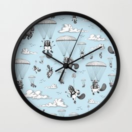 Parachuting Beavers - Blue & White Wall Clock