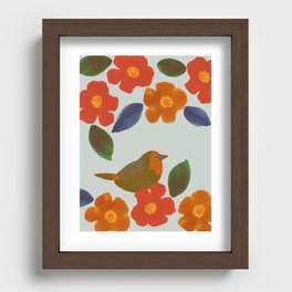 Round Little Bird and Flowers - Brown and Sage Recessed Framed Print