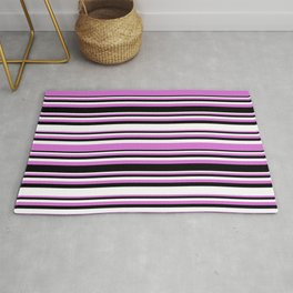 [ Thumbnail: Orchid, Black, and White Colored Striped/Lined Pattern Rug ]