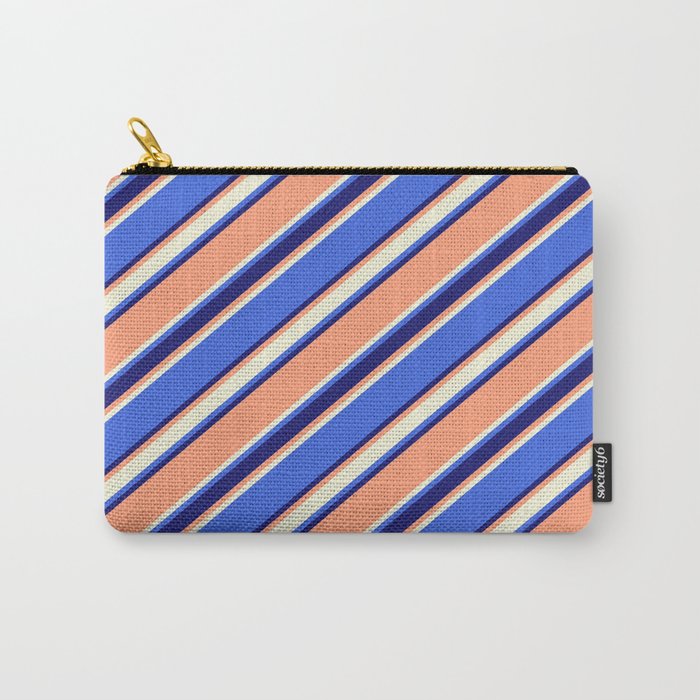 Light Salmon, Beige, Royal Blue & Midnight Blue Colored Stripes/Lines Pattern Carry-All Pouch