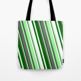 [ Thumbnail: White, Green, Dim Gray, and Dark Green Colored Lines Pattern Tote Bag ]