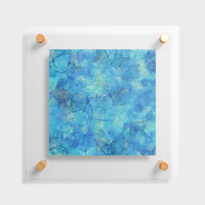 Watercolor Ink Art, Abstract Deep Blue, Aqua Blue and Gold   Floating Acrylic Print