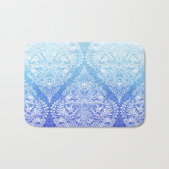 Out of the Blue - White Lace Doodle in Ombre Aqua and Cobalt Bath Mat