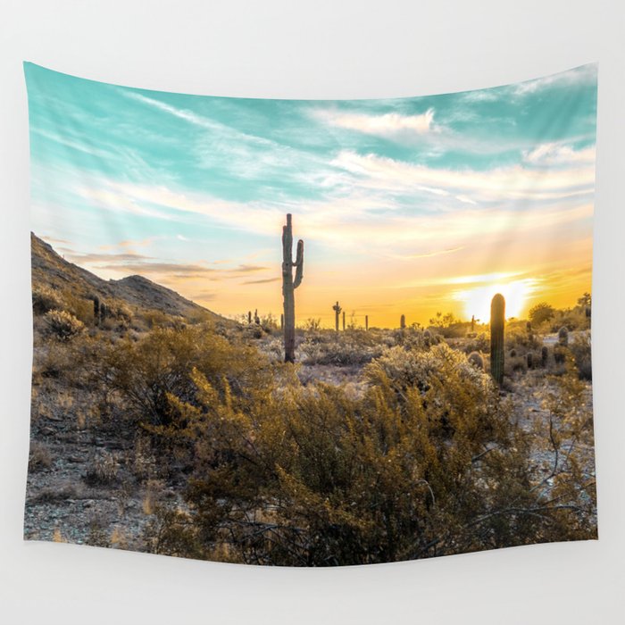 Desert Sunrise Saguaro Cactus Summer Sun Arizona Nature Landscape Teal Blue Green Sky Wall Tapestry By Palmtreeprints