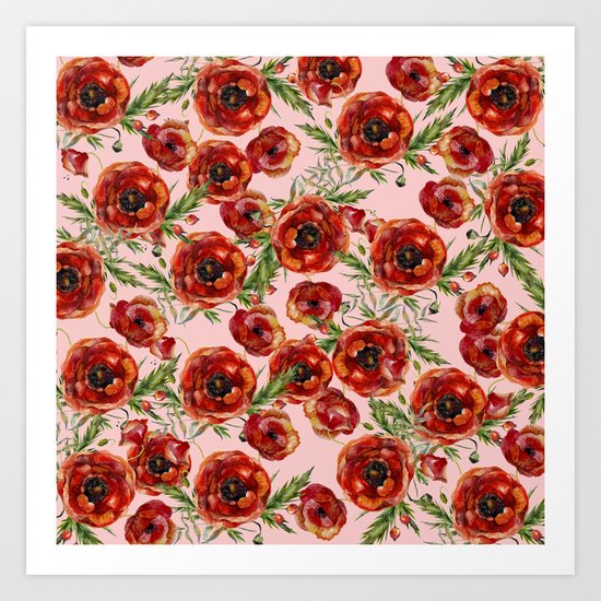 Poppy Pattern On Pink Background Art Print