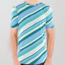 [ Thumbnail: Teal, Light Sky Blue, Turquoise & Mint Cream Colored Striped Pattern All Over Graphic Tee ]