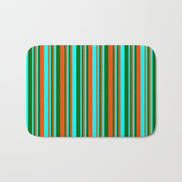 [ Thumbnail: Red, Cyan, and Dark Green Colored Lined/Striped Pattern Bath Mat ]