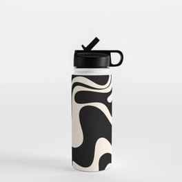 Retro Liquid Swirl Abstract in Black and Almond Cream 2 Water Bottle | Digital, Pop Art, Retro, Contemporary, Psychedelic, Abstract, Minimalist, Pattern, Trippy, Modern 