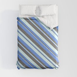 [ Thumbnail: Cornflower Blue, Dim Gray, and Light Cyan Colored Striped Pattern Comforter ]