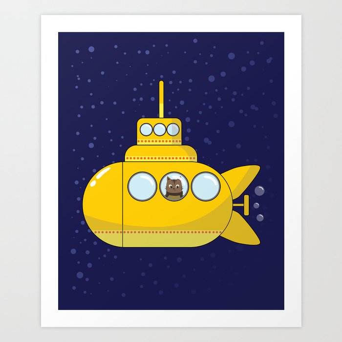 Yellow submarine in deep sea with a cat and bubbles Art Print