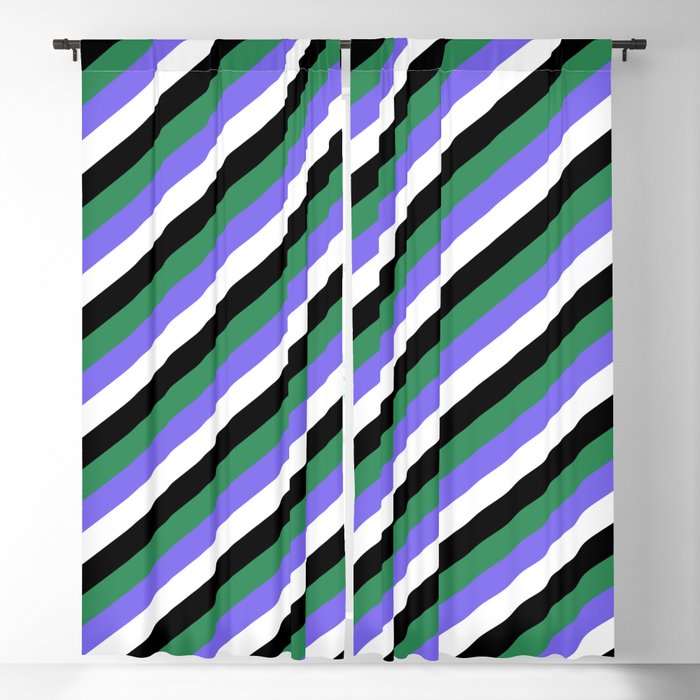 Sea Green, Medium Slate Blue, White & Black Colored Striped/Lined Pattern Blackout Curtain