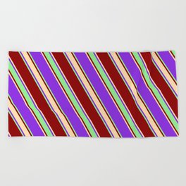 [ Thumbnail: Purple, Light Green, Dark Red & Tan Colored Stripes/Lines Pattern Beach Towel ]