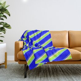 [ Thumbnail: Beige, Light Green, Sky Blue, Blue & Royal Blue Colored Pattern of Stripes Throw Blanket ]