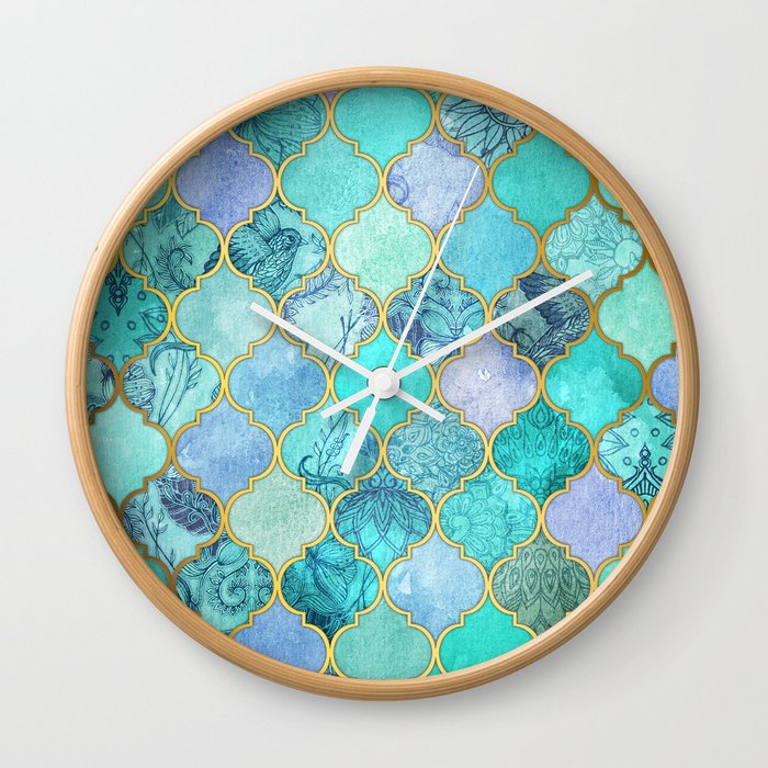 Cool Jade & Icy Mint Decorative Moroccan Tile Pattern Wall Clock