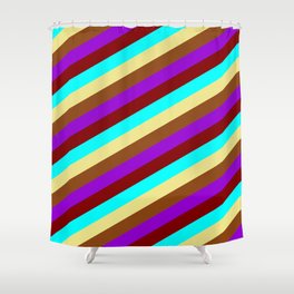 [ Thumbnail: Vibrant Maroon, Aqua, Tan, Brown, and Dark Violet Colored Pattern of Stripes Shower Curtain ]