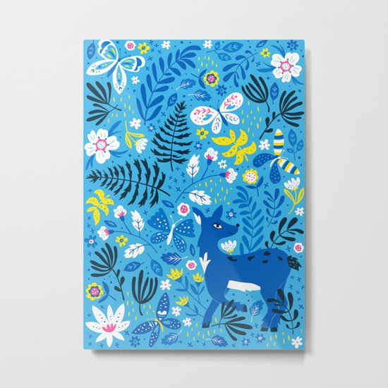 Deer and Butterflies (Sky Blue) Metal Print