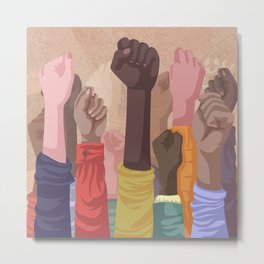 Fist hands up of different types of skins, multiracial raised fists concept art print Metal Print
