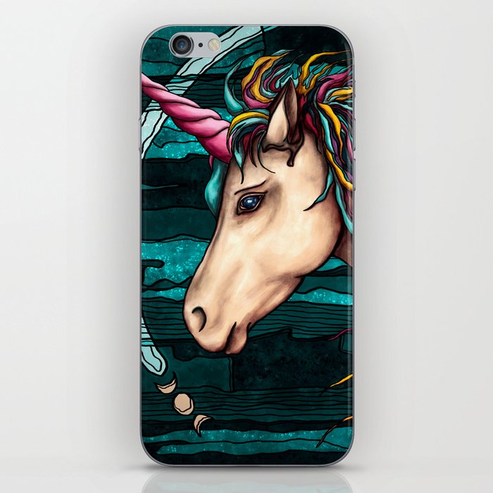 Rainbow unicorn painting, legendary creature on teal background iPhone Skin