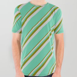 [ Thumbnail: Green, Light Grey & Aquamarine Colored Lined Pattern All Over Graphic Tee ]