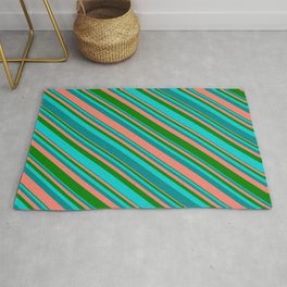 [ Thumbnail: Salmon, Green, Dark Turquoise, and Dark Cyan Colored Lines Pattern Rug ]