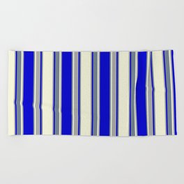 [ Thumbnail: Beige, Dark Grey, Blue, and Slate Gray Colored Pattern of Stripes Beach Towel ]