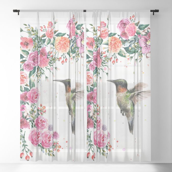 Hummingbird and Flowers Watercolor Animals Sheer Curtain