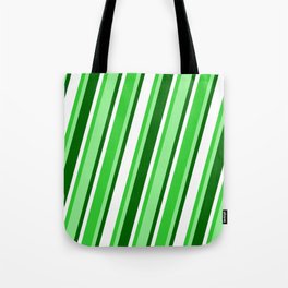 [ Thumbnail: Lime Green, Light Green, Dark Green, and White Colored Pattern of Stripes Tote Bag ]