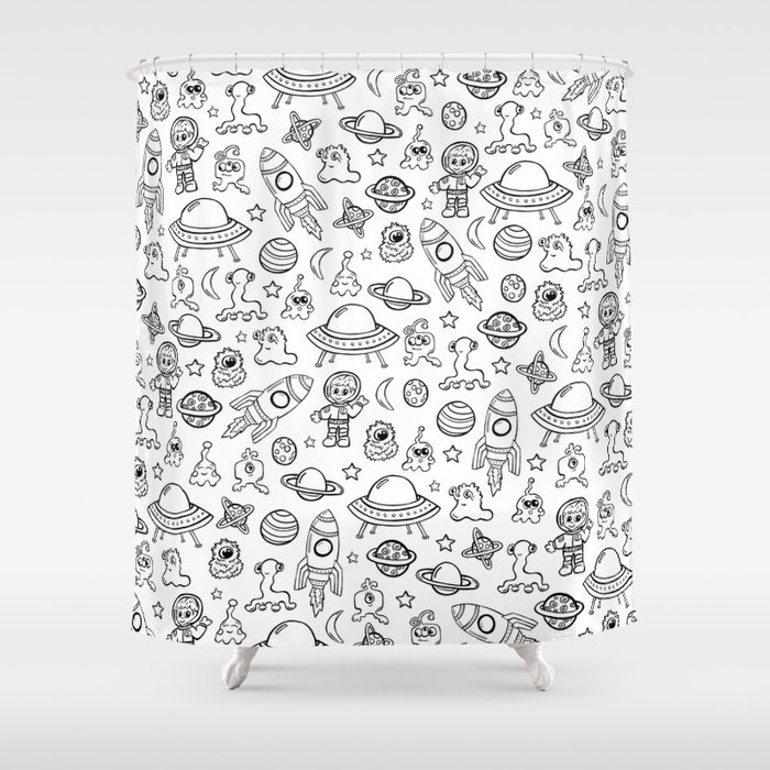 Space Print Black And White Pattern, Rocket Ship Shower Curtain