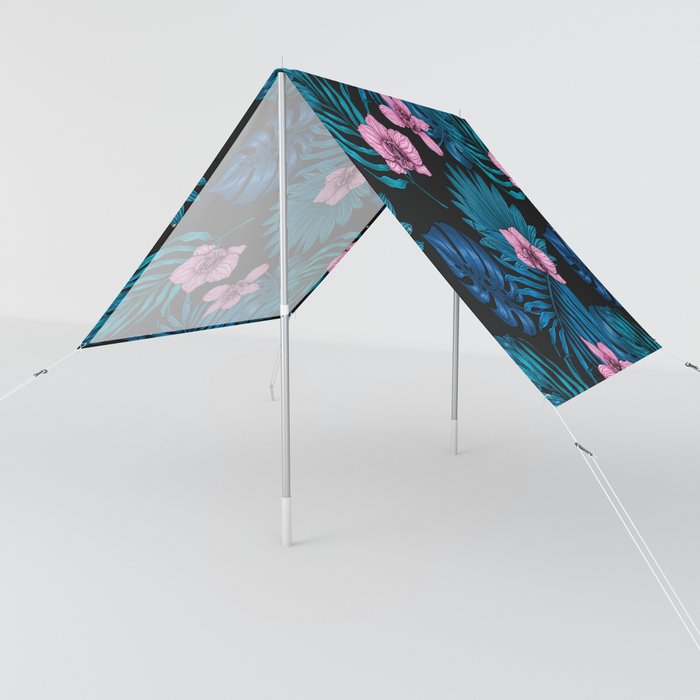 Orchids and palm leaves, pink and blue Sun Shade