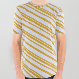 [ Thumbnail: Goldenrod & Lavender Colored Lined/Striped Pattern All Over Graphic Tee ]