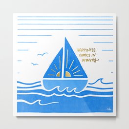 Happiness Comes in Waves | Sailboat Illustration | Cobalt | Metal Print | Metallic, Happiness, Painting, Ink, Nautical, Beach, Classic Blue, Gold, Sailboat, Boat 