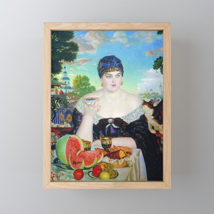 “The Merchant’s Wife at Tea” by Boris Kustodiev (1918) Framed Mini Art Print